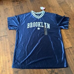 Mighty Fine Brooklyn Graphic T‎ Shirt Jersey Navy Blue White V Neck Womens S